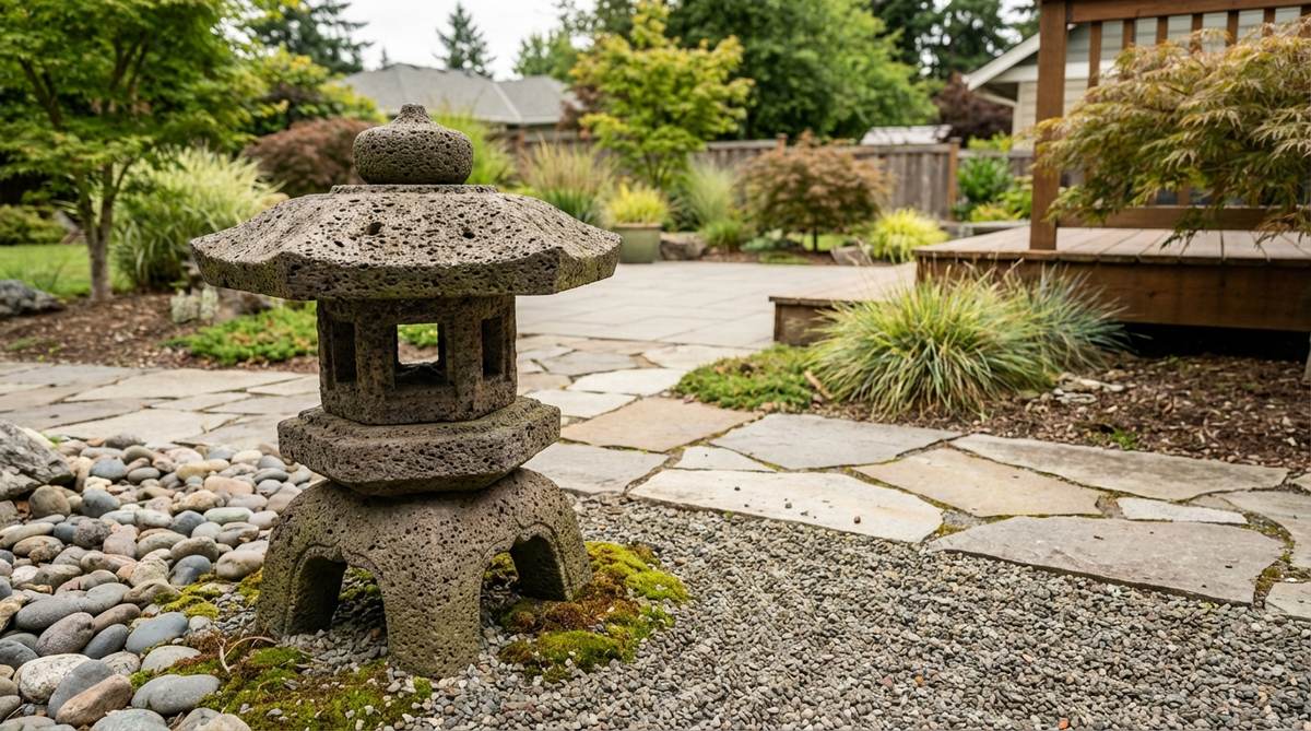 A Japanese garden lantern made from lightweight volcanic lava stone, showcasing its porous texture and natural appearance. The lantern is positioned in a garden setting, demonstrating how its reduced weight allows for easy repositioning while maintaining durability and visual presence.