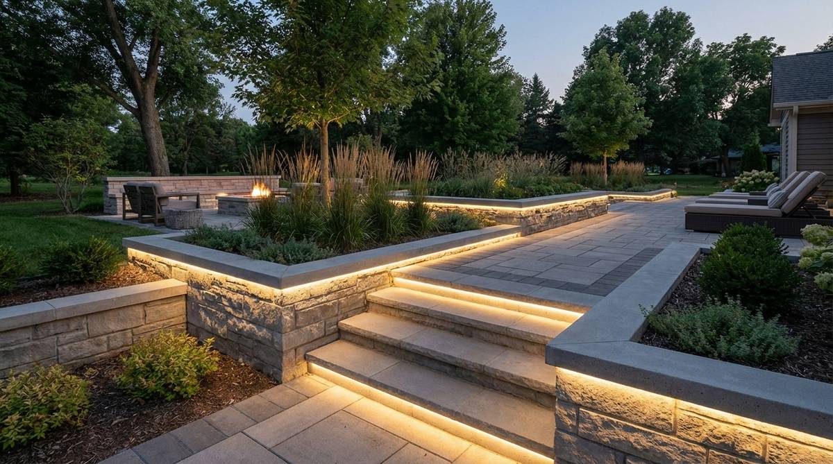 Recessed LED channels installed along step risers, wall bases, or planter edges to create continuous lines of light, emphasizing geometric forms and defining spatial boundaries in modern garden decor.