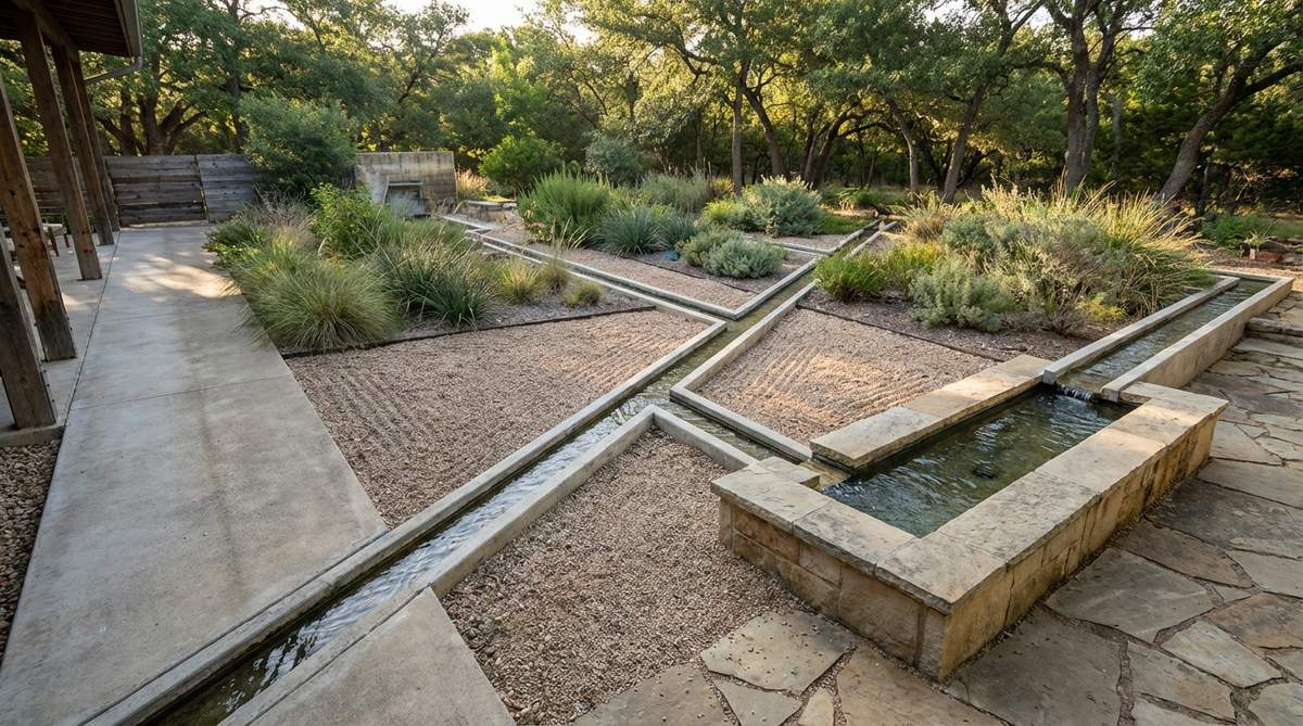 Narrow concrete channels, 8 inches wide, carrying water across a modern zen garden floor with gentle slopes for gravity flow between source and collection basins, routed through gravel beds or along pathway edges to create continuous sound without pond excavation, referencing traditional irrigation features with geometric directness.