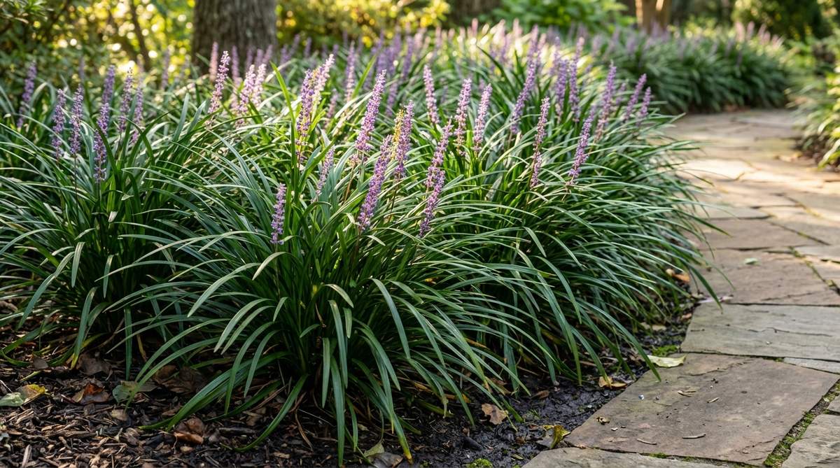 A close-up photo of Liriope Muscari, commonly known as Monkey Grass, growing as a dense border along a garden pathway. The image shows the grass-like clumps with arching evergreen foliage that softens landscape edges, featuring purple flower spikes that bloom in late summer. This groundcover plant is ideal for Japanese gardens, providing structure beneath trees and along borders with minimal care requirements.