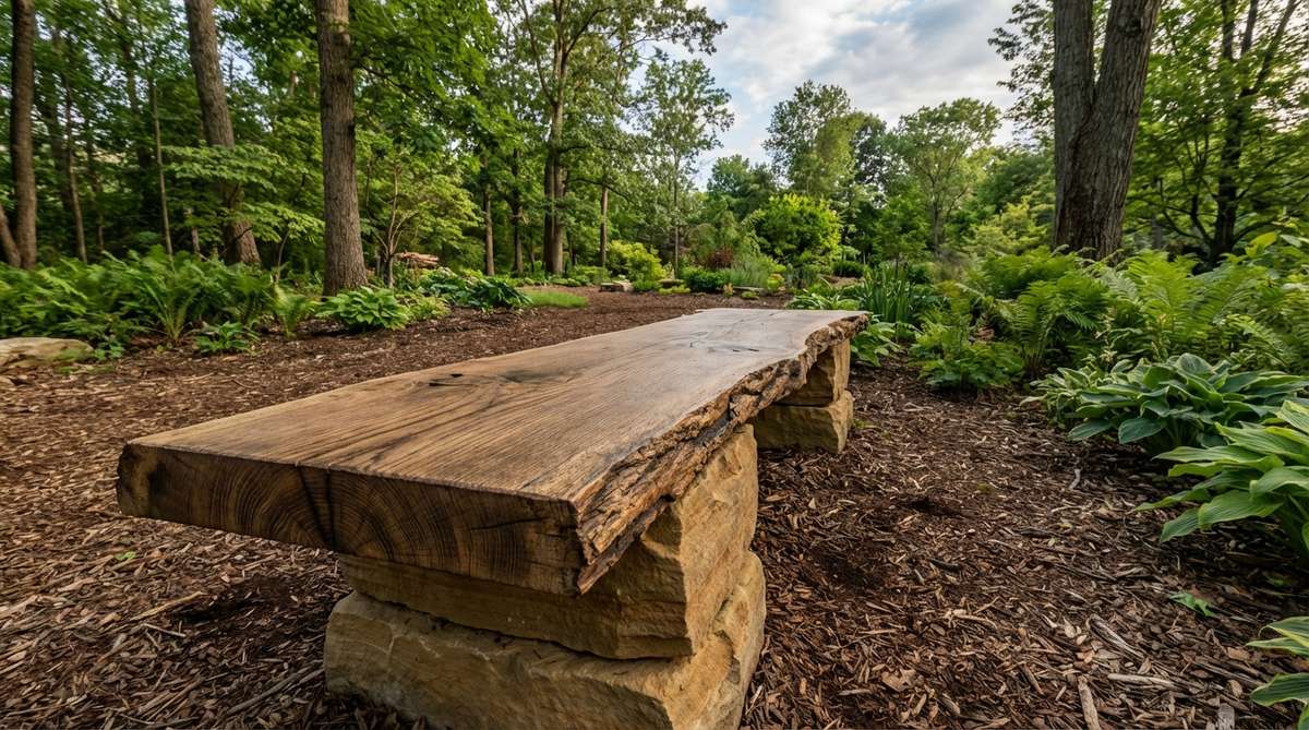 A rustic outdoor log slab bench made from live-edge wood slabs, such as oak or cedar, mounted on log or stone supports. This organic seating piece features natural edges and visible growth rings, celebrating the tree's original form. It is finished with penetrating oil to enhance the grain and ensure durability in outdoor conditions, making it ideal for woodland or naturalistic garden settings where it can accommodate multiple people for casual gatherings.