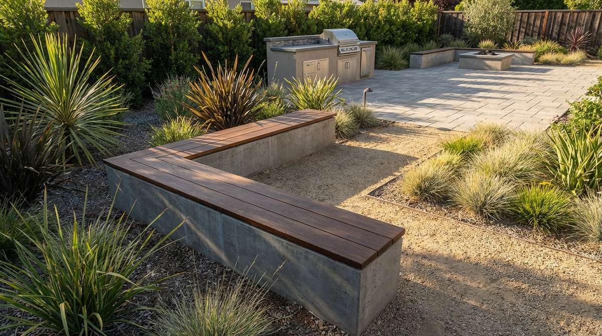 A modern garden design featuring a low concrete seat wall, approximately 18 inches high, that defines garden zones and provides casual seating. The wall is capped with smooth concrete or contrasting materials like wood, with a width of 12-15 inches for comfort, maximizing spatial efficiency in outdoor spaces.