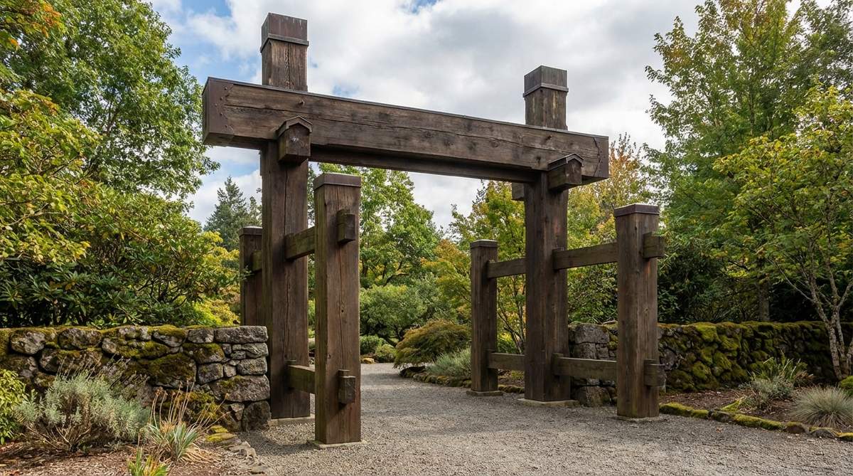 A robust Japanese garden gate in the munamon style, featuring two substantial timber posts supporting a wide crossbeam with secondary outrigger posts for stability. This durable, low-maintenance entry gate is constructed from heavy 8x8 or larger timbers with 6x12 crossbeams, suitable for large properties and establishing architectural authority at property entrances or between major garden zones.