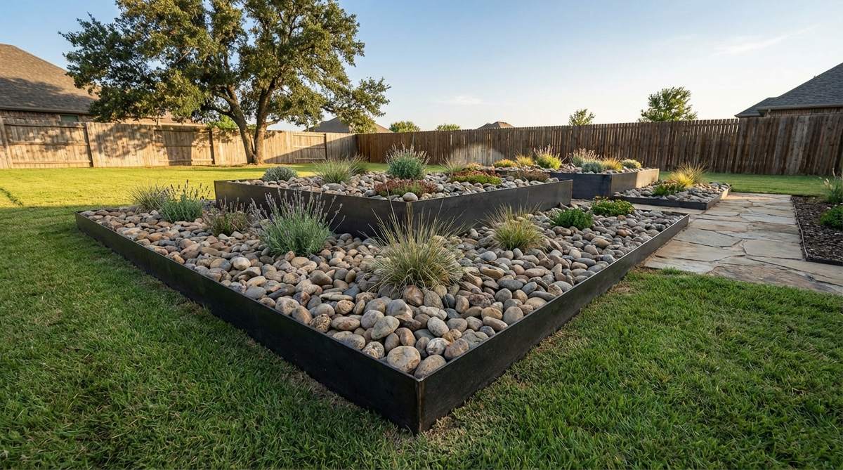 A modern raised garden bed featuring metal edging containing natural stone fill, showcasing the combination of industrial precision with organic material warmth. The steel or aluminum edges create crisp boundaries while allowing the textured stone to dominate visually, demonstrating an efficient installation system that requires no masonry skills.