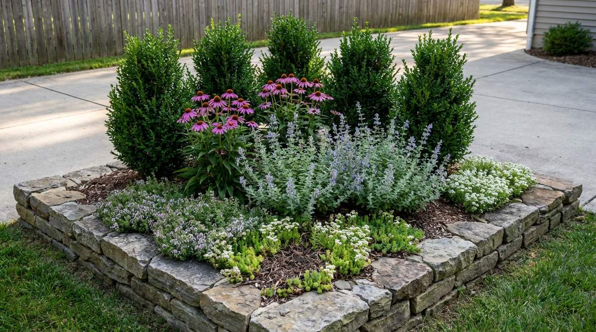 A triangular raised bed in a small garden corner, featuring a mix of tall shrubs, mid-height perennials, and low groundcovers arranged in a pyramid shape. The design uses stone or brick edging and a limited color palette to create a neat, generous look suitable for softening driveway turns or property corners.