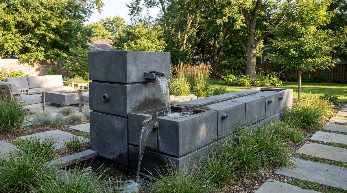A modern garden fountain composed of modular box units that can be stacked vertically or arranged horizontally in custom configurations. Each box module features inlet and outlet ports for water flow, allowing for personalized fountain compositions that can be easily reconfigured or expanded as landscape needs evolve.