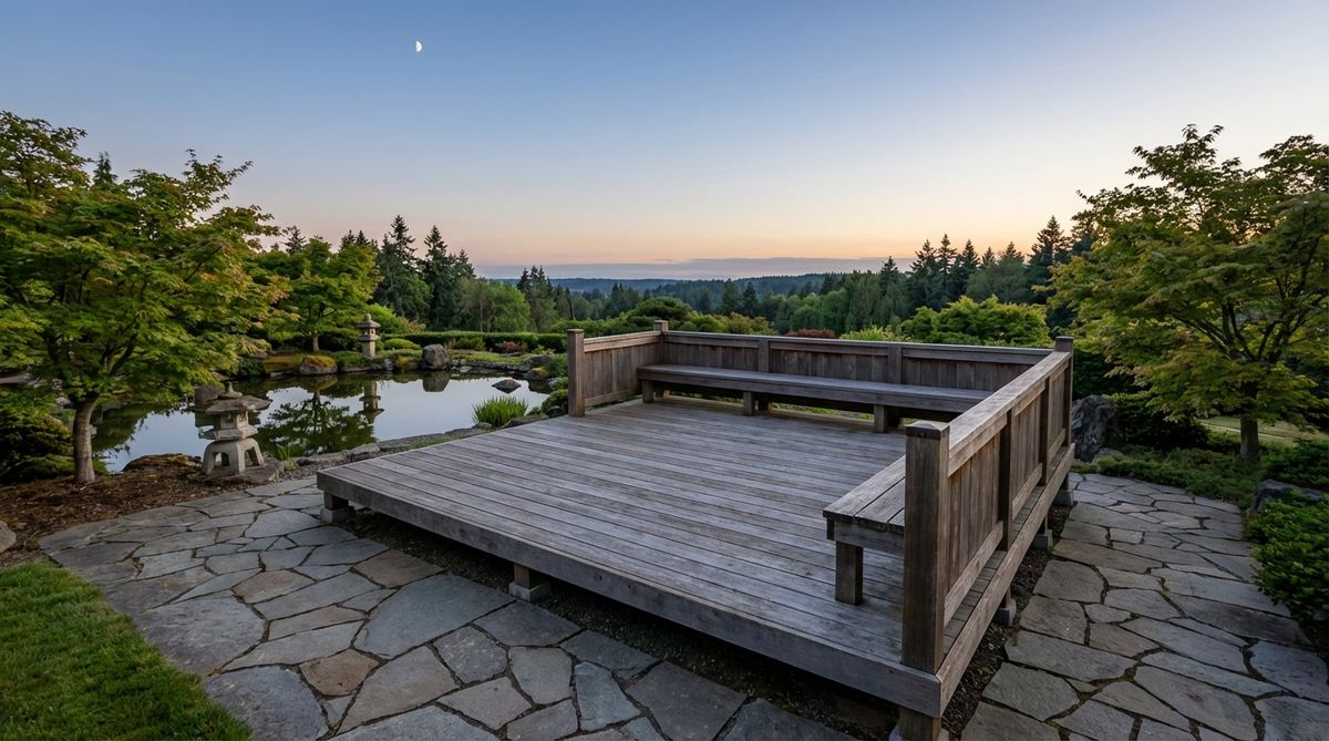 A traditional Japanese moon-viewing platform, featuring a raised wooden deck with post-and-beam construction elevated 12-18 inches above ground level. The platform is positioned to frame pond reflections and distant views, with bench seating along the rear edge. Oriented toward western or southern exposure to maximize evening light and lunar viewing opportunities, creating a dedicated observation point for seasonal garden appreciation.