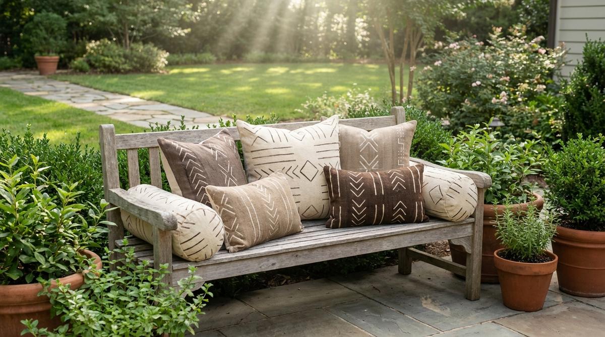 A set of outdoor cushions featuring authentic mudcloth patterns with hand-painted geometric designs in natural earth tones like cream and deep brown, perfect for patio furniture and bench seating in Afro Boho decor, showcasing weather-resistant fabrics and layered sizes for an eclectic, textured look.