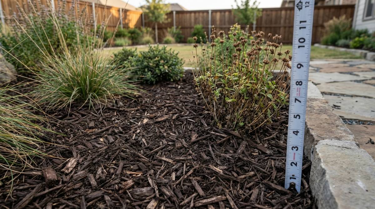 A close-up view of organic mulch applied around plantings in a contemporary garden, showing proper 3-4 inch depth to retain soil moisture, reduce temperature, and suppress weeds while avoiding contact with plant stems.