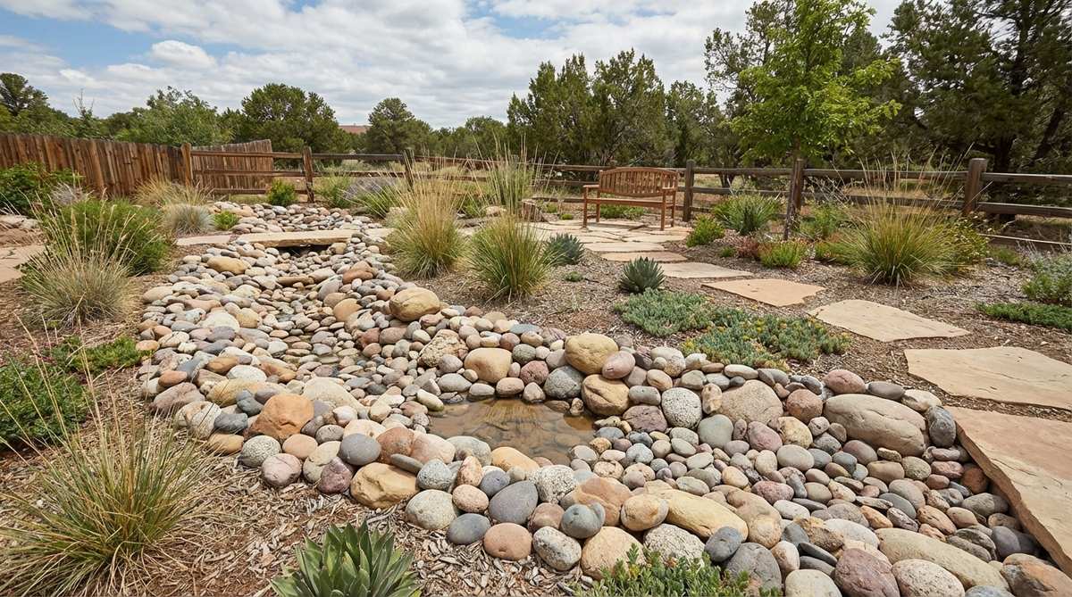A naturalistic arrangement of smooth river rocks in varying sizes from 1-inch to 6-inch diameter, creating textural variation and resembling natural stream beds. This mosaic installation provides habitat diversity for ground-dwelling wildlife and adds visual interest with varied surface topography.