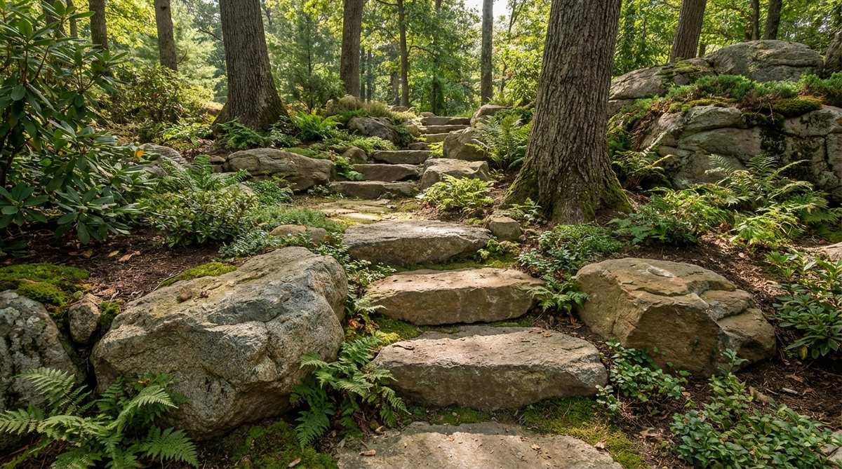 A naturalistic garden path featuring large boulders partially buried in a slope to create informal steps. The boulders are positioned with stable, level treads, each providing at least 14 inches of depth and rising no more than 7 inches to the next level. The irregular spacing and organic forms blend seamlessly with woodland and native plant gardens, requiring minimal excavation and wrapping around existing trees and rocks.