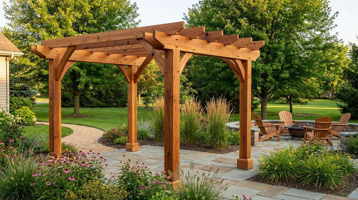 A small garden pergola constructed from natural cedar timber, showcasing the wood's beautiful reddish tones and tight grain. Western red cedar offers natural decay resistance and dimensional stability without chemical treatment, making it an ideal premium material for outdoor structures that enhance property value.