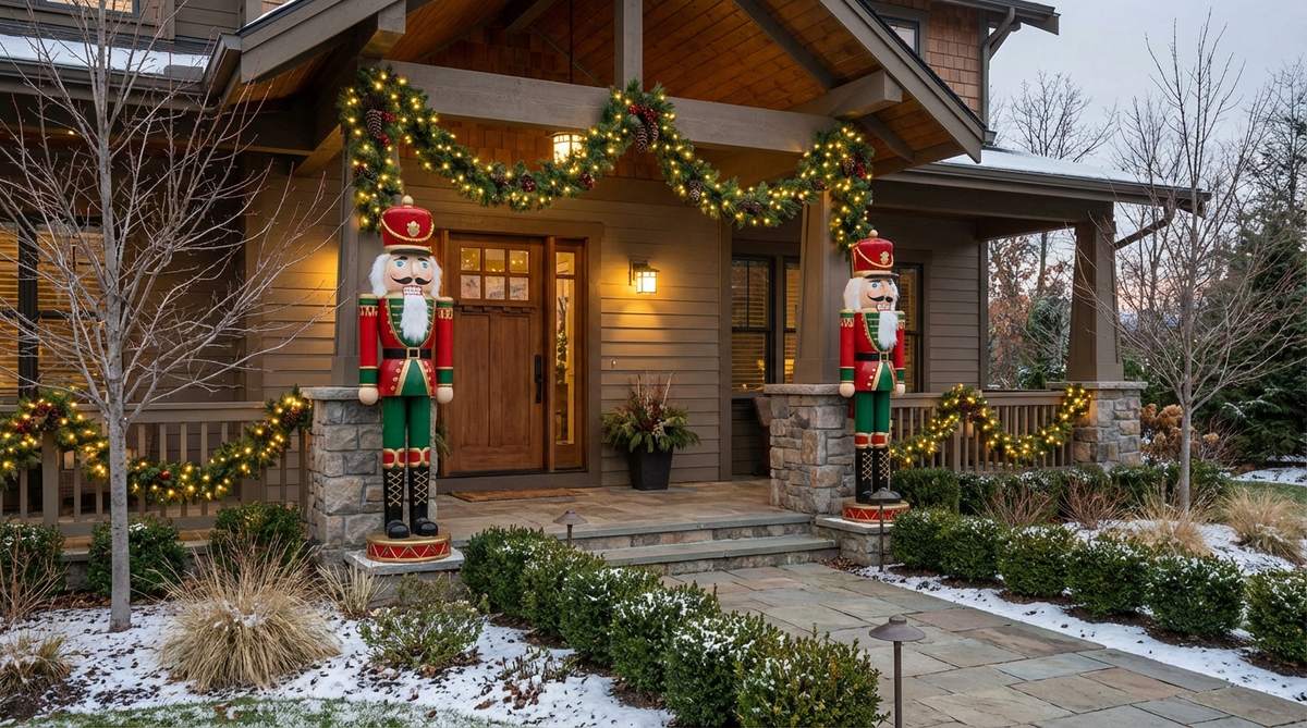 Oversized nutcracker figures flanking an entrance as bold symmetrical guards for outdoor Christmas decor, adding height and balancing horizontal garland and lighting treatments.