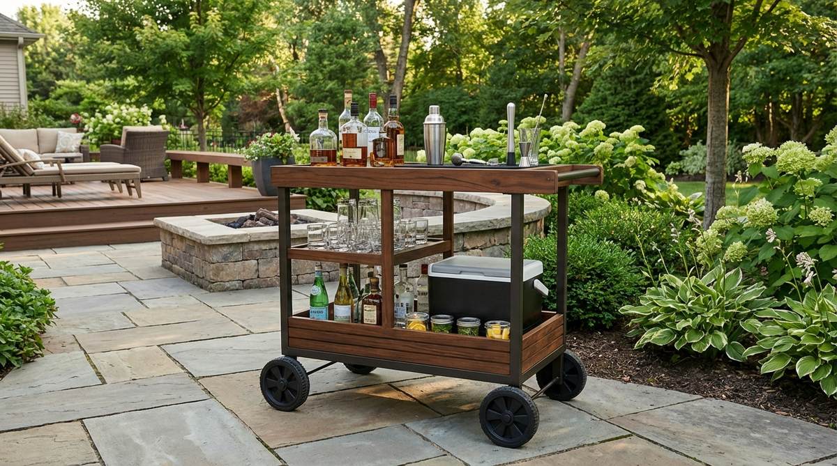 A mobile outdoor bar cart with weather-resistant finish, featuring multi-tiered storage for bottles, glassware, bar tools, and garnish containers. The cart has locking wheels for easy movement between indoor and outdoor spaces.