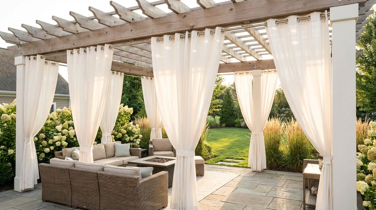 Floor-length white canvas curtain panels installed on a pergola or covered patio. The curtains filter sunlight while maintaining a bright, airy ambiance, providing privacy control and wind protection. Features grommeted or tab-top styles for easy installation on marine-grade tracks or curtain rods with stainless steel hardware.
