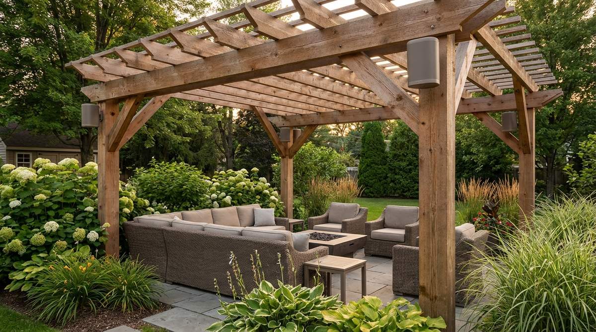 Weather-resistant wireless speakers mounted on pergola beams, providing balanced audio coverage for garden entertainment areas. Neutral-colored speakers blend with natural wood tones.