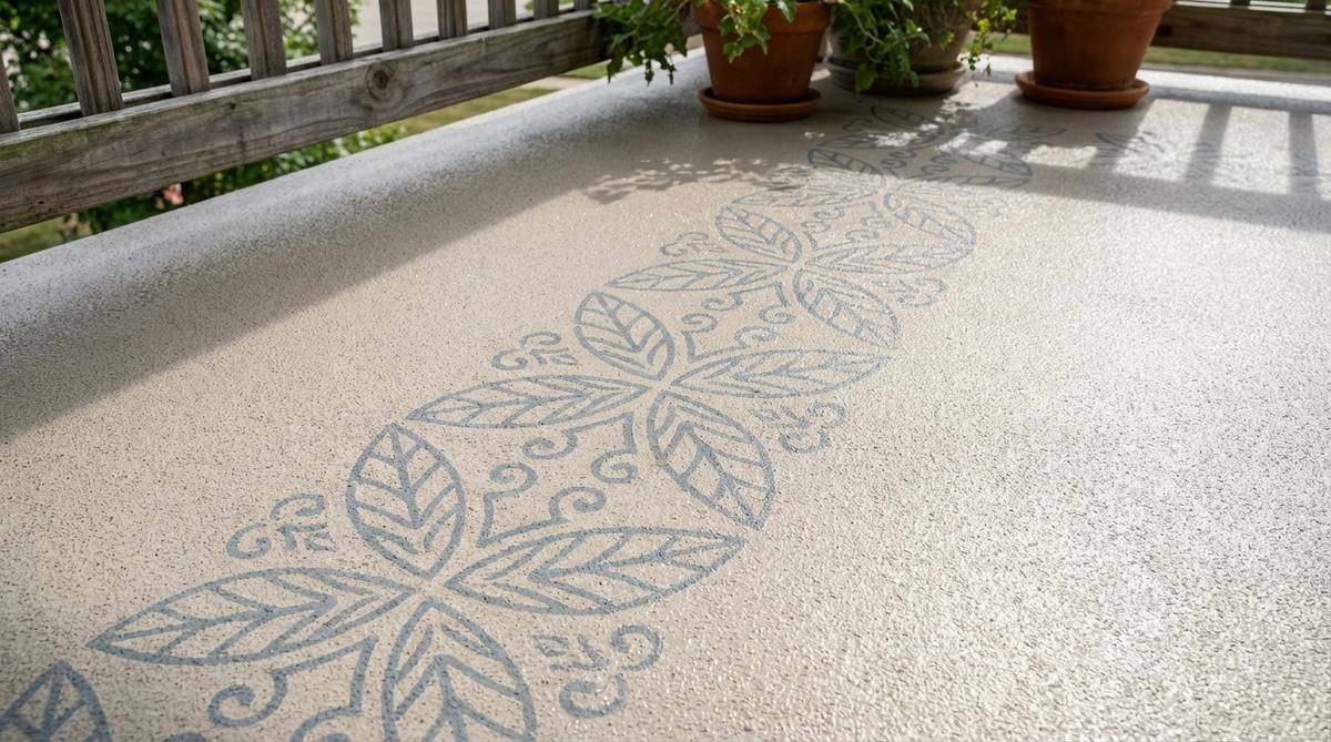 A close-up photo showing a freshly painted concrete balcony floor with a decorative stencil pattern, demonstrating how epoxy-based porch paint can transform a drab concrete slab into an attractive design feature. The image highlights the textured finish achieved with proper application techniques.