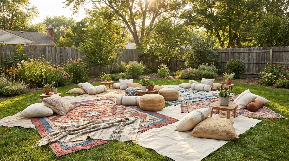 A casual boho-style seating area featuring large quilts and woven blankets spread on grass, layered over ground cloths to prevent moisture. Scattered floor pillows and bolsters define the space, perfect for smaller conversation groups at daytime gatherings.