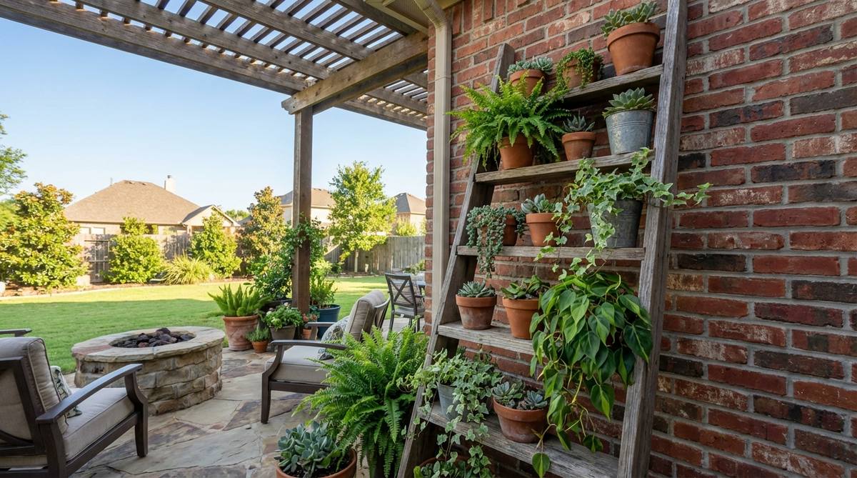 A vertical garden created by leaning a wooden or metal ladder against an exposed brick wall, featuring potted plants like succulents, ferns, and vines arranged on rungs at varying heights for a flexible, industrial boho decor display.