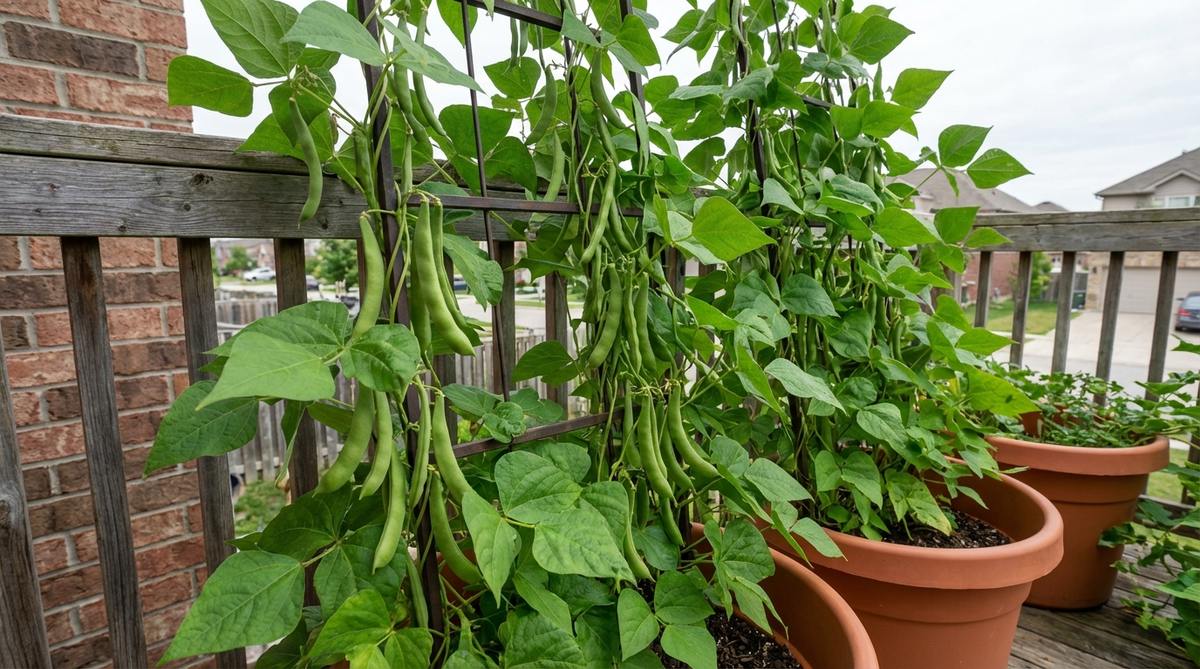 A close-up photo showing vibrant green pole bean vines climbing a sturdy trellis in a balcony container garden, with mature bean pods visible among the leaves. The vertical growth demonstrates efficient space utilization for urban gardening.