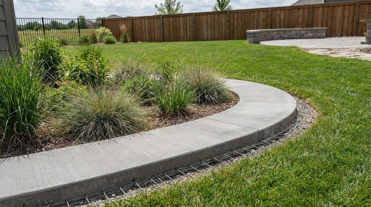 A modern garden bed with poured concrete mow strips showing 12-inch-wide, 4-inch-thick concrete bands at grade level, broom-finished for slip resistance, with proper slope for water runoff and wire mesh reinforcement visible in cross-section.