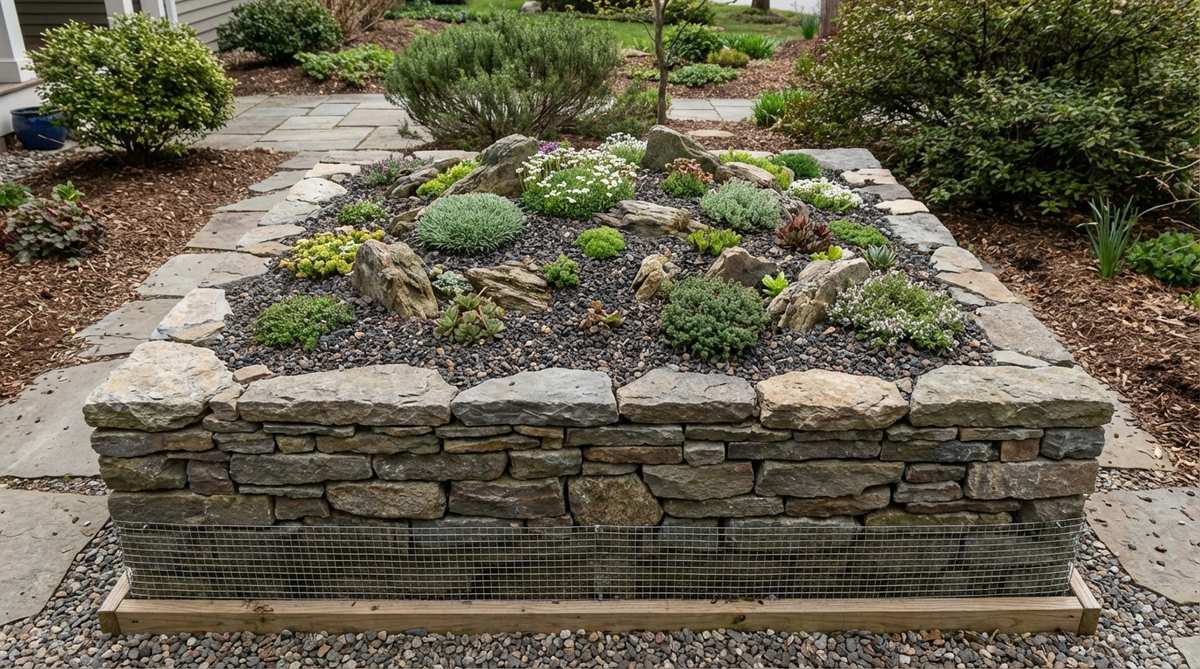 A table-height raised alpine bed constructed with stone walls, filled with alpine planting mix for optimal drainage. The elevated design brings small alpine plants to comfortable viewing height, featuring hardware cloth at the base to deter rodents. Ideal for gardeners with mobility concerns in small garden rockeries.
