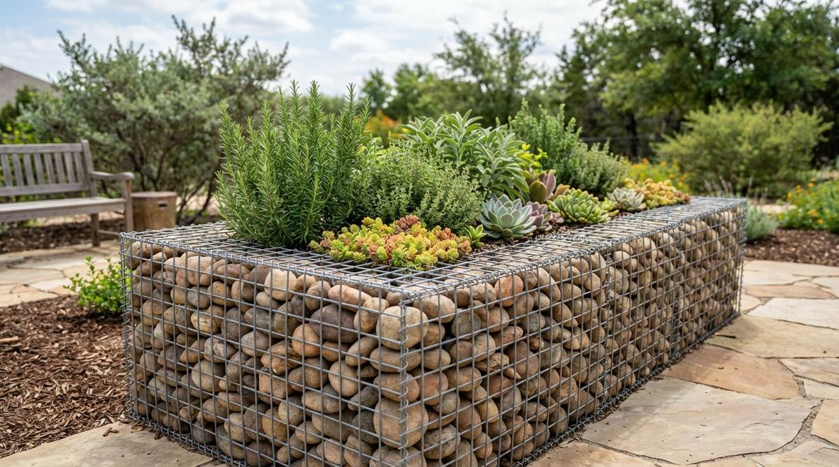 A modern raised gabion planter filled with decorative stone, featuring a wire cage design that provides excellent drainage and temperature moderation for plants like herbs and succulents.