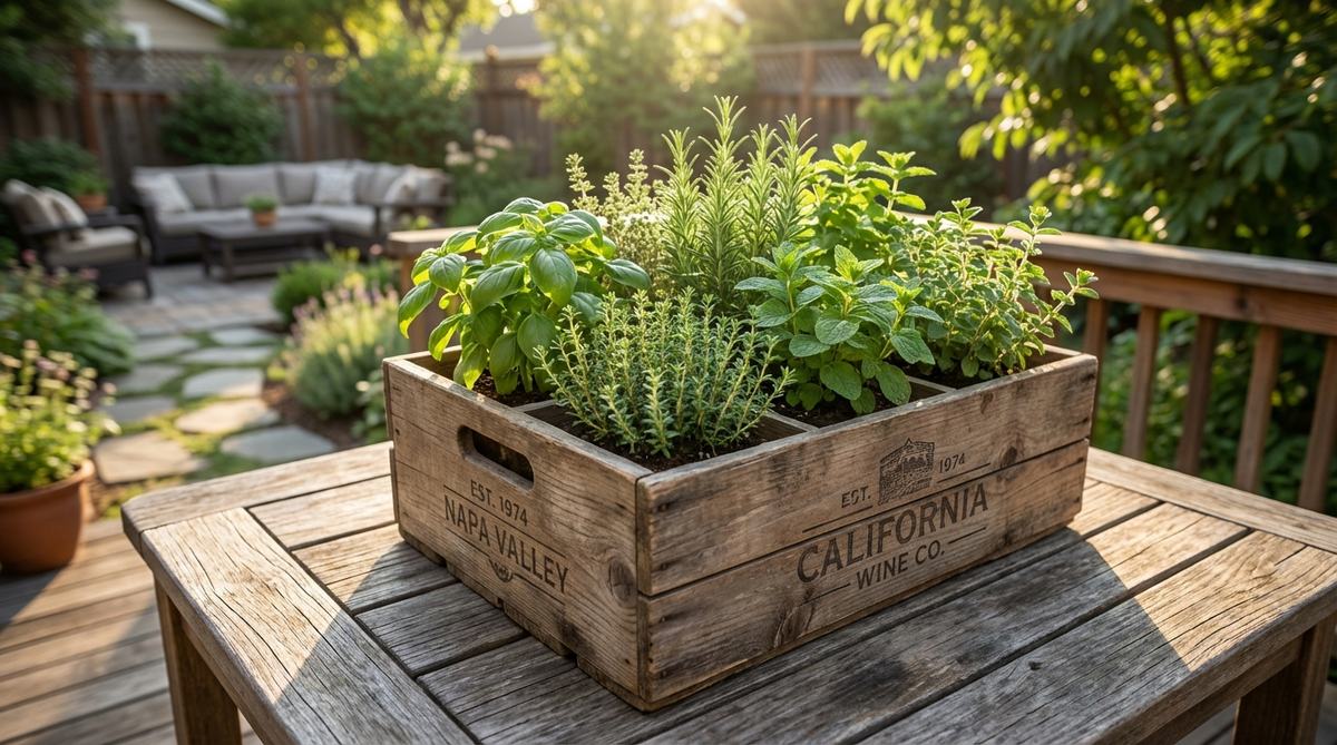 A rustic reclaimed wooden wine crate transformed into a mini herb garden, filled with various herbs in a tight grid layout. The aged wood with stamped logos adds patina and warmth, placed on a table or balcony for easy indoor-outdoor movement.