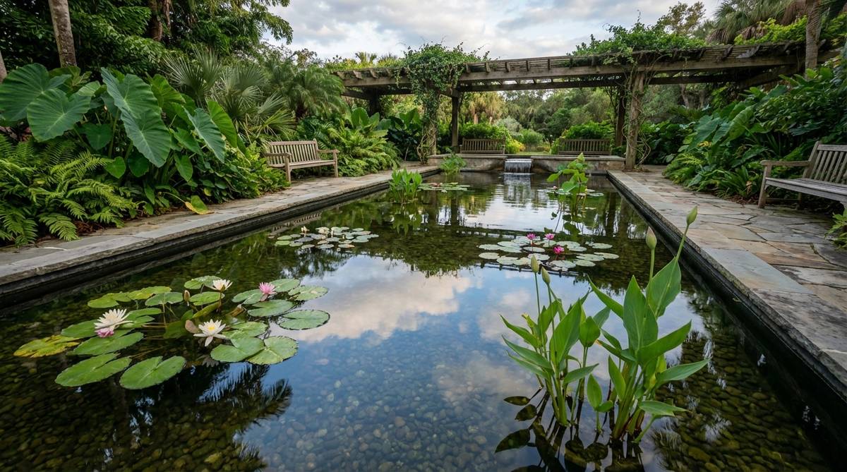A serene reflecting pool in a tropical garden, featuring water lilies and lotus plants floating on the calm water surface. The pool reflects the sky and surrounding lush foliage, with broad-leafed tropical plants like elephant ears creating layered reflections along the edges. The water depth is maintained at 18-24 inches to support hardy aquatic plants.