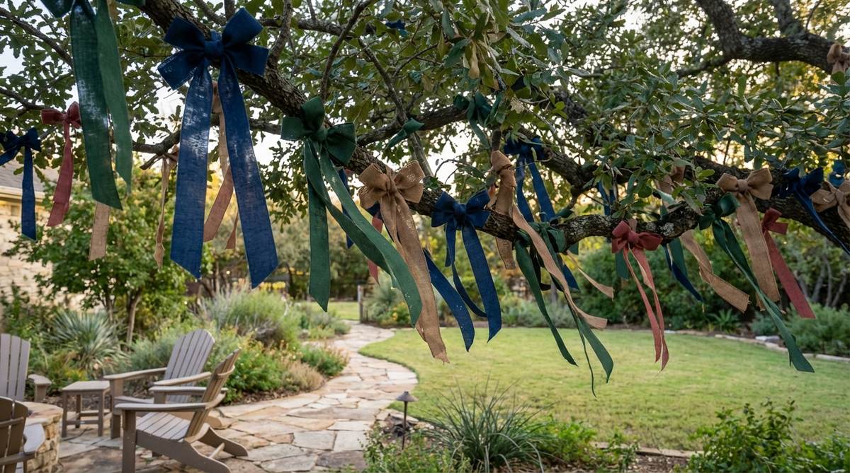 Weather-resistant outdoor ribbon and bows in various widths and colors decorating a tree, showing how they add movement and visual punctuation without electrical components. The bows maintain their shape in wind and precipitation while being easy to remove for storage or severe weather.