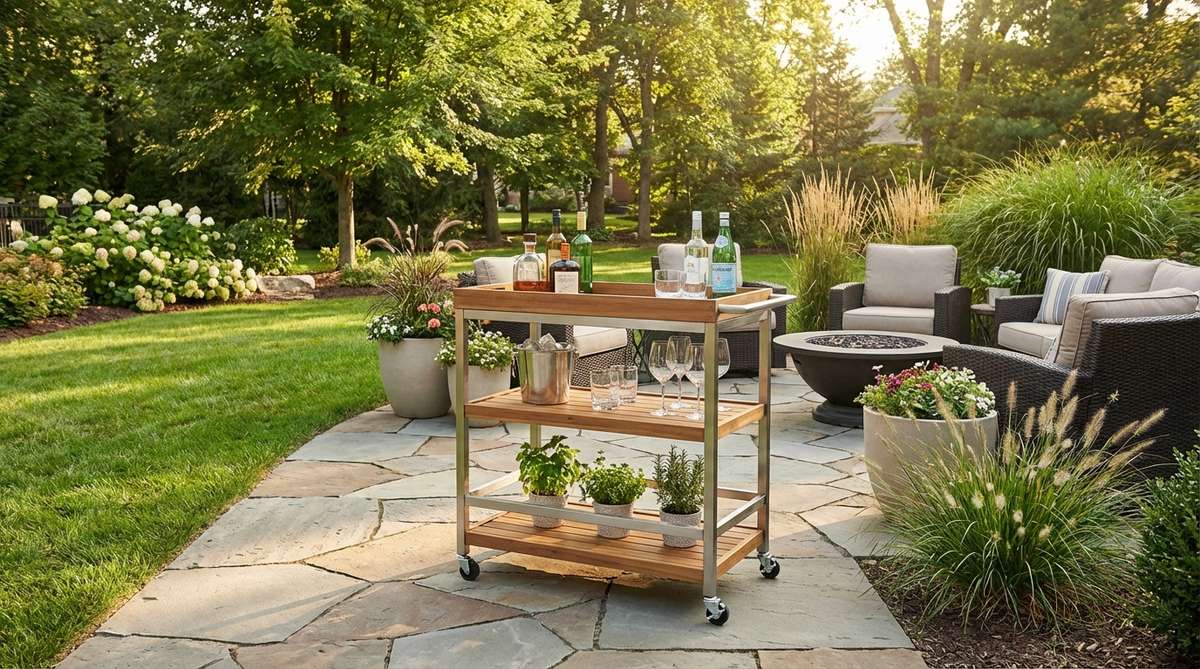 A weather-resistant rolling bar cart with locking wheels serves as a mobile service station for outdoor patio decor. This versatile furniture piece functions as both a dining support station and cocktail bar, featuring three-tier design with built-in bottle storage and stemware racks. Perfect for outdoor gatherings, it reduces trips to the indoor kitchen by 50-70% and can be repositioned based on sun, shade, or activity location.