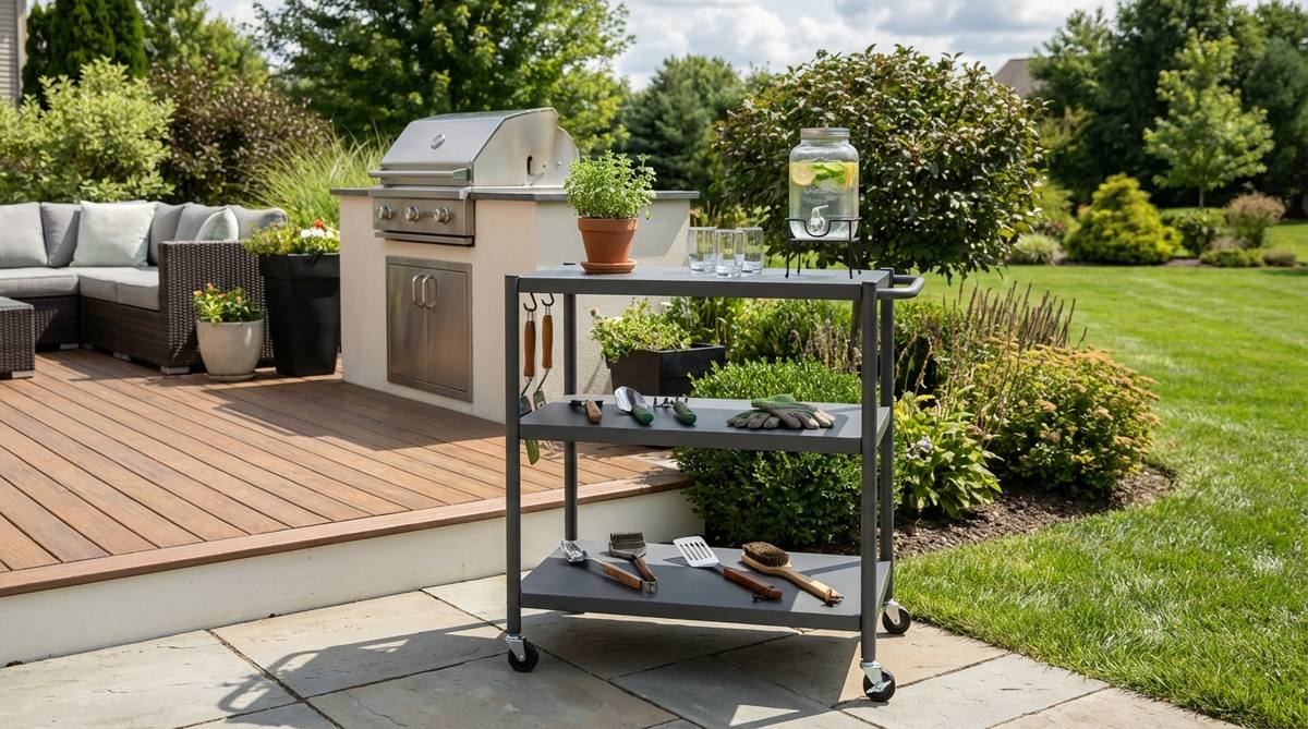 A minimalist rolling storage cart with multiple tiers, metal construction, and powder-coated finish, designed for flexible storage in gardens. Features open shelving for easy access to gardening tools and grilling accessories, with wheels for mobility between storage and activity zones. Ideal as a beverage station for outdoor entertaining, available in neutral colors to complement existing outdoor furniture.