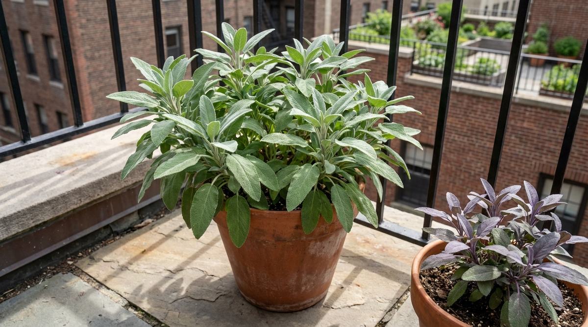 A close-up photo of a sage plant with velvety gray-green leaves growing in a terracotta pot on an urban balcony. The Mediterranean herb is shown thriving in partial shade, with its distinctive foliage adding rustic charm to the city setting. Purple or variegated varieties may be visible, showcasing the plant's ornamental value alongside its culinary uses.
