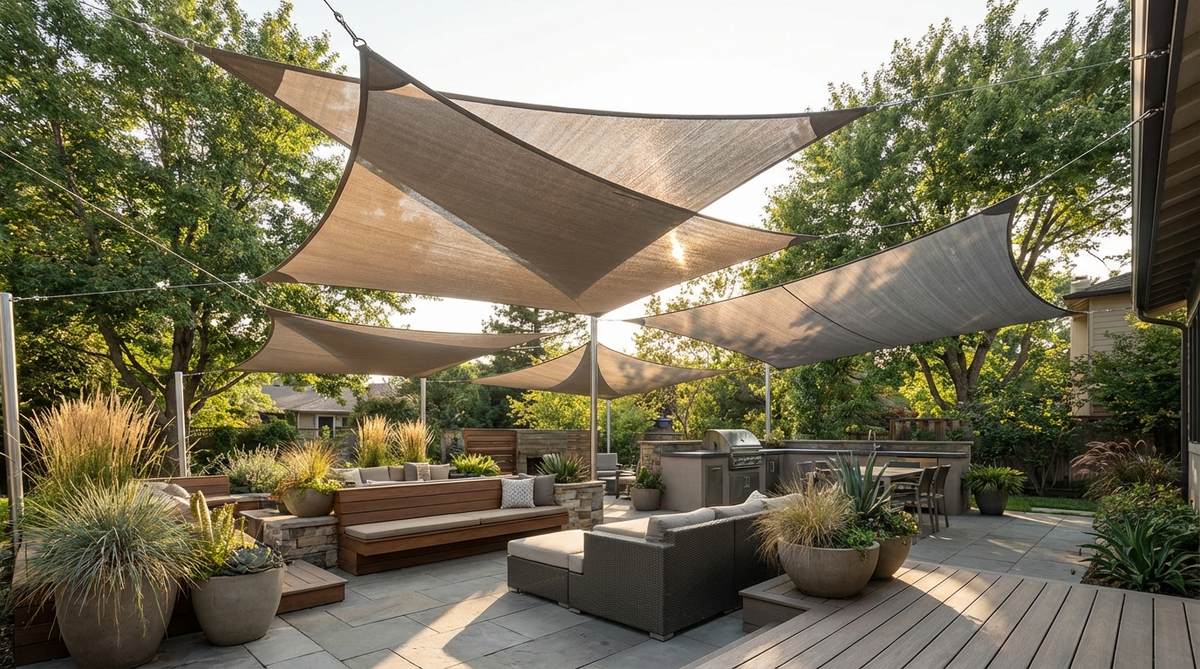 A modern terrace garden featuring triangular and rectangular sail shade tension structures, made from marine-grade HDPE fabric with reinforced corners, suspended at varying heights to create sculptural overhead forms. The image shows overlapping sails for expanded coverage, illustrating their contemporary aesthetics and cost-effectiveness compared to rigid structures, with tips on seasonal removal to prevent snow damage.