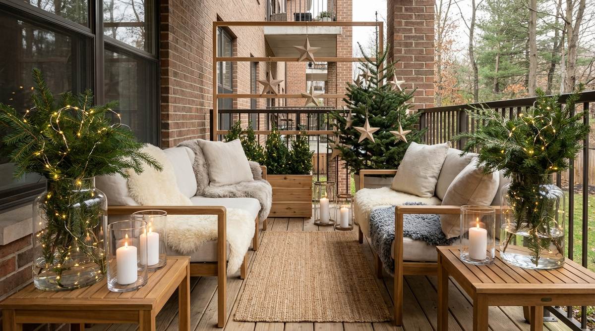 A serene Scandinavian minimalist hygge balcony decorated for Christmas with natural materials, white lights on evergreen branches in clear glass vases, sheepskin throws, white pillar candles in glass hurricanes, and natural wood star ornaments in neutral tones.