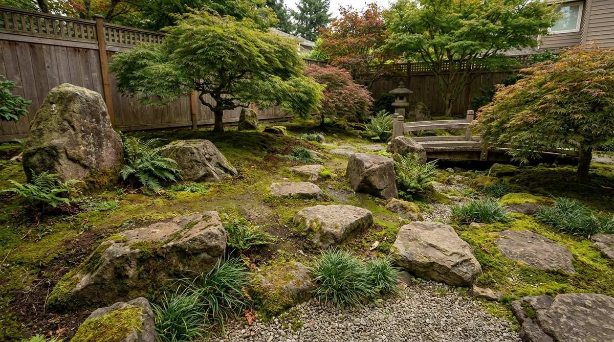 A natural arrangement of weathered fieldstones scattered randomly across mossy ground in a Japanese garden, with varying burial depths that mimic natural erosion patterns.