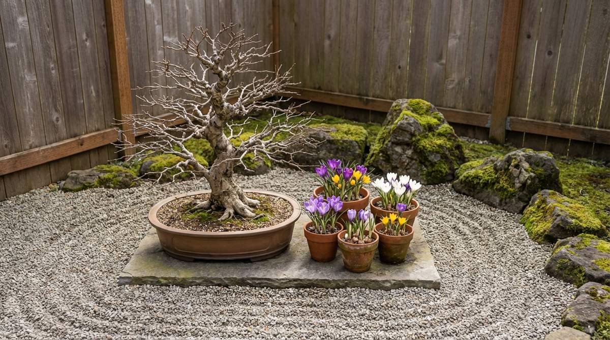 A Zen garden bonsai display with miniature Crocus bulbs in small pots nestled beside a bonsai tree, illustrating the seasonal rotation system that provides early spring color when bonsai are dormant, followed by summer bloomers to maintain floral interest throughout growing seasons in alignment with Zen principles of impermanence.
