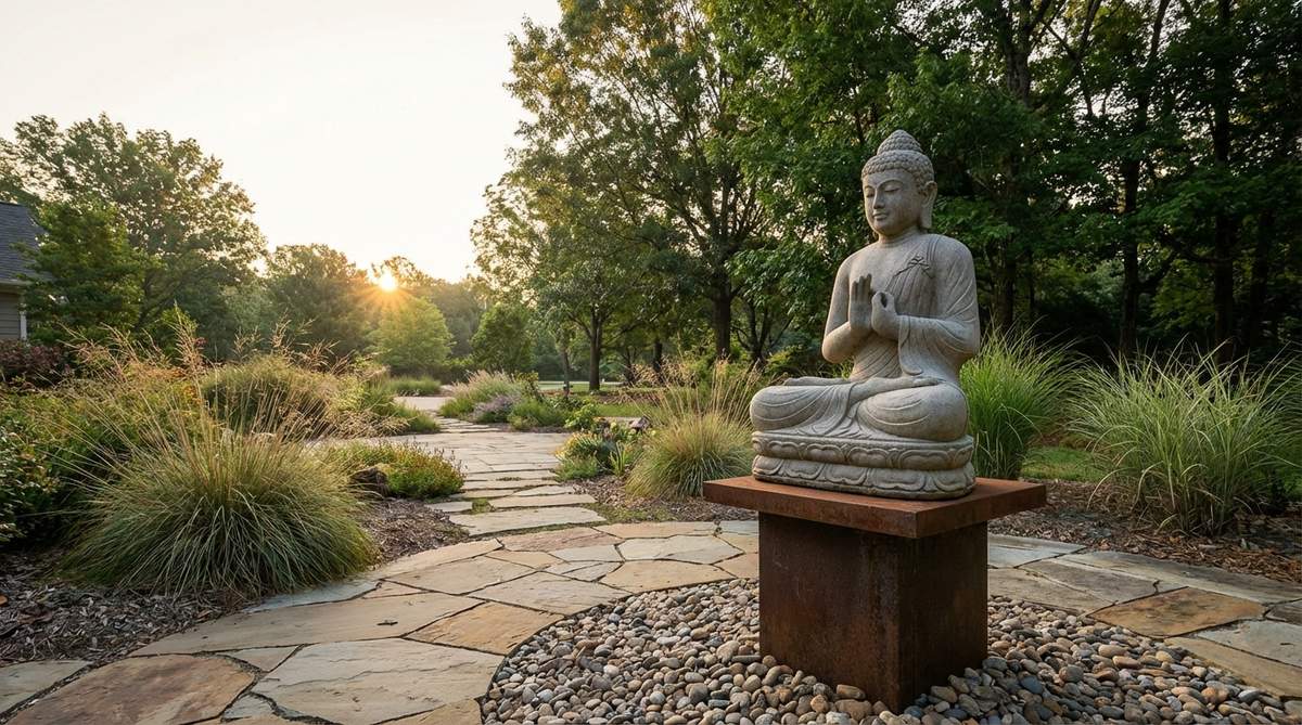 A serene stone or resin statue of a seated Buddha in meditation pose, featuring the dhyana mudra hand gesture, flowing robes, and a peaceful facial expression. Ideal for garden decor, positioned eastward on a pedestal or gravel bed to enhance contemplation areas.