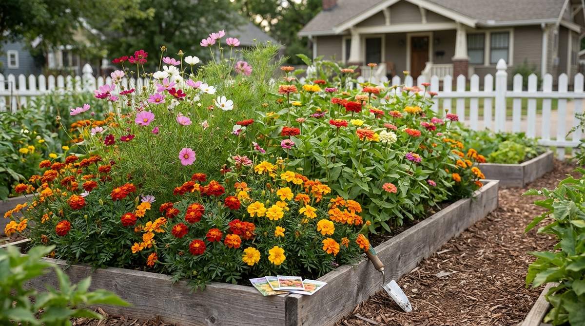 A vibrant display of zinnia, cosmos, and marigold flowers grown from seeds in a prepared garden bed, showcasing abundant blooms for continuous color through frost with cost-effective gardening techniques.