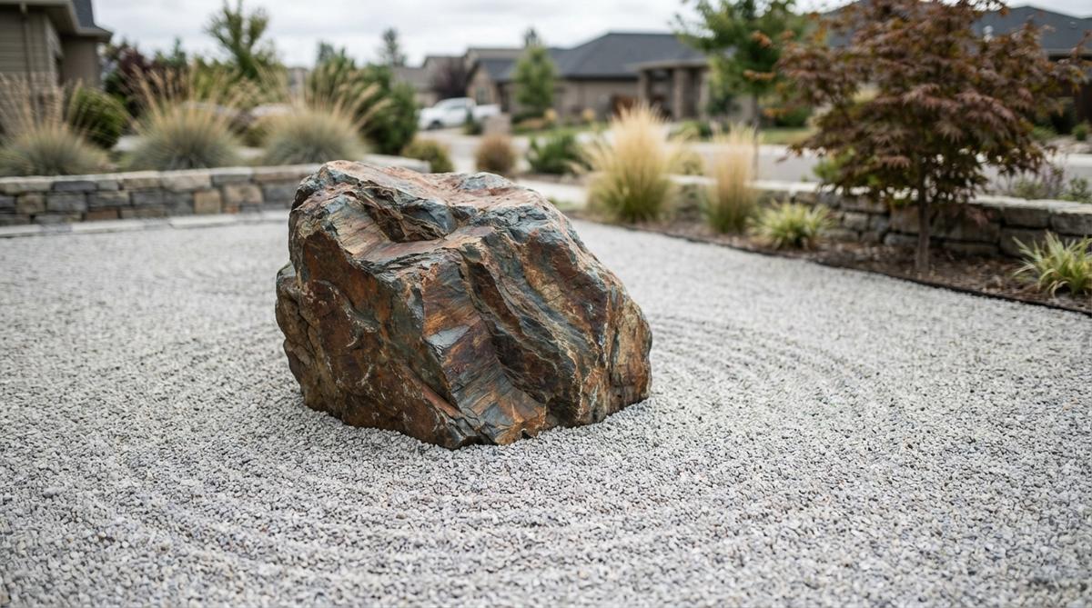A minimalist Zen garden featuring a single exceptional boulder as the sole element in a carefully prepared gravel field. The stone has dramatic shape, rich texture, and unusual coloring, centered or placed according to the golden ratio for sophisticated balance. Gravel is raked in simple parallel lines or concentric circles around it, creating profound visual and spiritual impact through this ultimate minimalist approach.