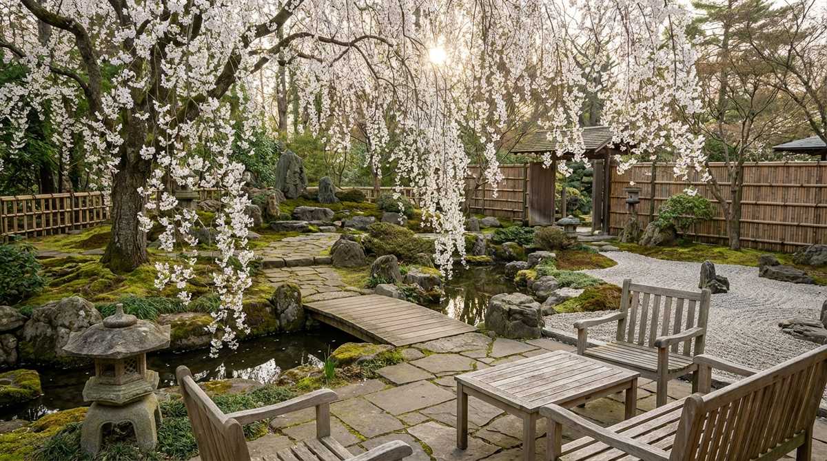 A weeping Snow Fountain Cherry tree with cascading branches covered in pure white single flowers, creating a serene and peaceful effect in a traditional Japanese garden setting, embodying wabi-sabi aesthetics.