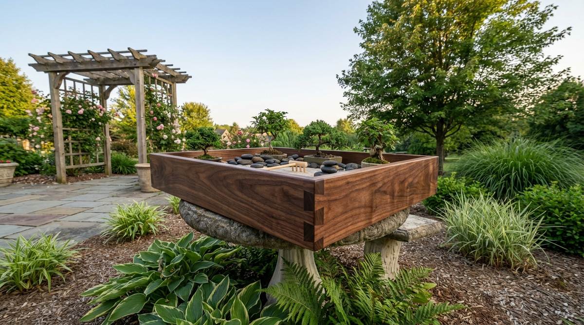 A hand-finished solid walnut tray with rich chocolate-brown grain patterns, measuring 14x10 inches. This durable, heirloom-quality tray features glass-smooth surfaces and traditional joinery techniques, perfect for displaying zen garden miniatures. The dense walnut construction prevents warping in varying humidity conditions.
