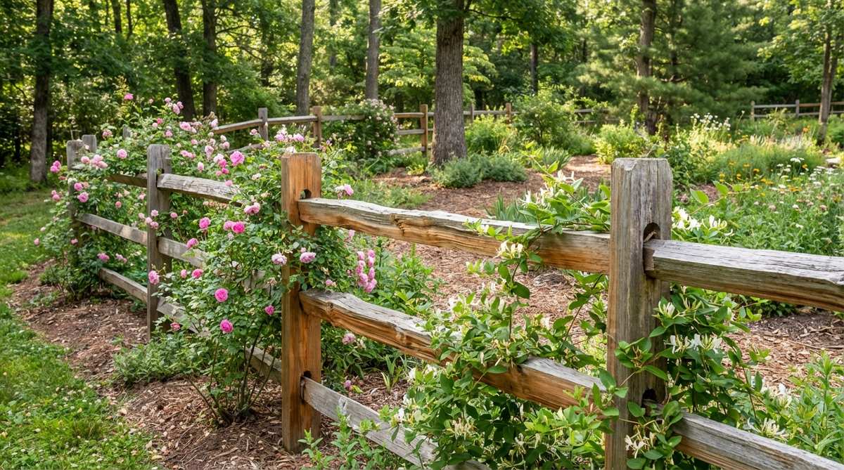 A rustic split-rail cedar fence with rough-hewn posts and rails, defining property lines in a wooded garden setting. The natural cedar wood shows either silver weathering or warm tones, with climbing plants like roses or honeysuckle growing along the rails for enhanced privacy. This fence style is ideal for acreage properties and country gardens, integrating seamlessly with informal landscapes.