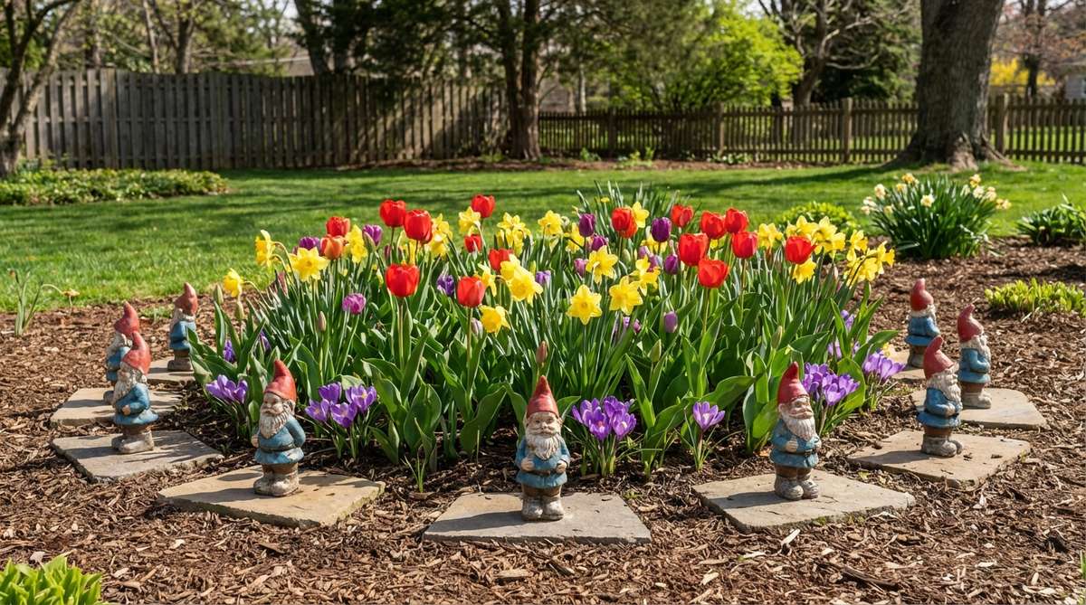 A circle of mini garden gnomes arranged around blooming spring bulbs like tulips, daffodils, and crocuses, creating a festive display in garden beds. The gnomes are placed on small flat stones just outside the emerging foliage to maintain clear views of the flowers, with low figures slightly offset from stems. This flexible ring layout highlights the short blooming window of spring bulbs while keeping the garden display adaptable across seasons.