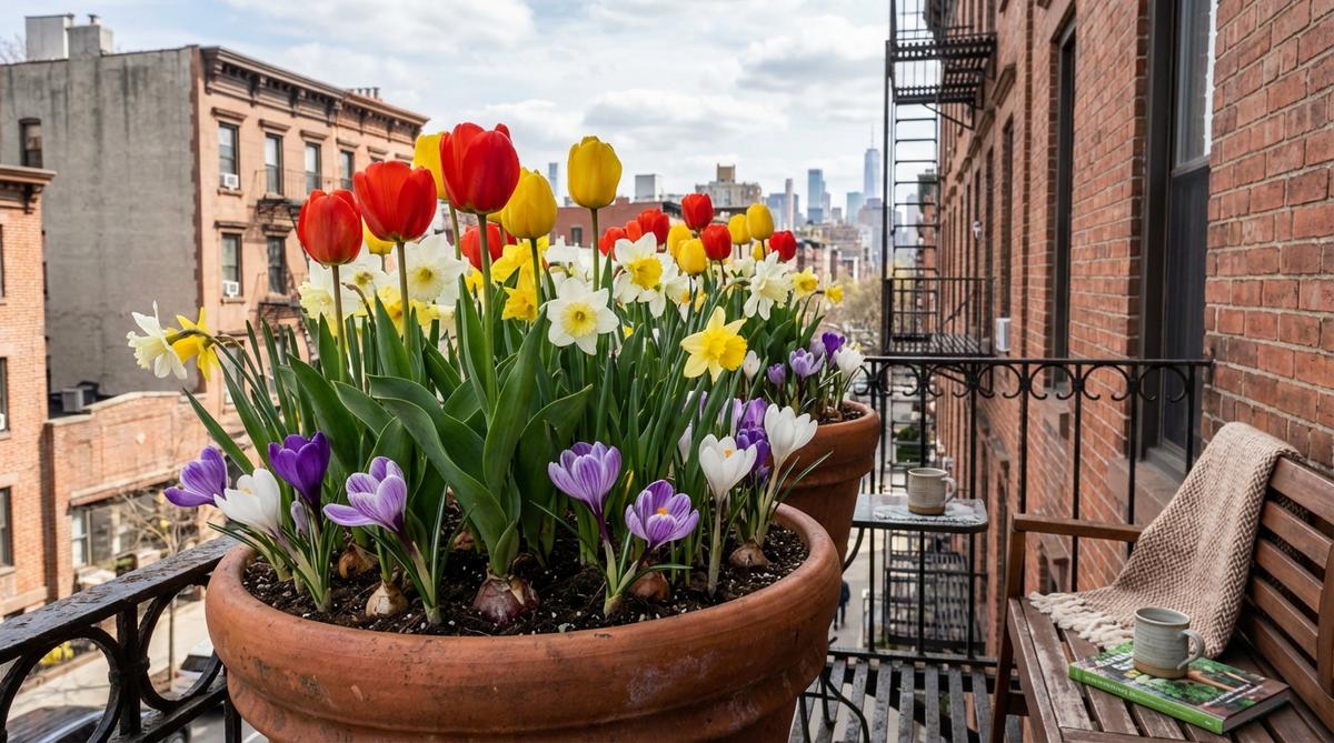 A balcony garden in NYC featuring a container with layered spring bulbs using the lasagna planting technique. Tulips, daffodils, and crocus bulbs are planted at different depths for sequential blooming from April to May. The display shows continuous color for 6-8 weeks in a large pot, ideal for urban gardening.
