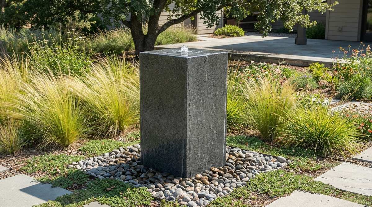 A modern square column fountain made of granite or cast stone, featuring precise 90-degree edges and water bubbling from the flat top, cascading down all four sides. This architectural water feature, with heights ranging from 24 to 48 inches, complements minimalist garden designs and contrasts beautifully with surrounding ornamental grasses.