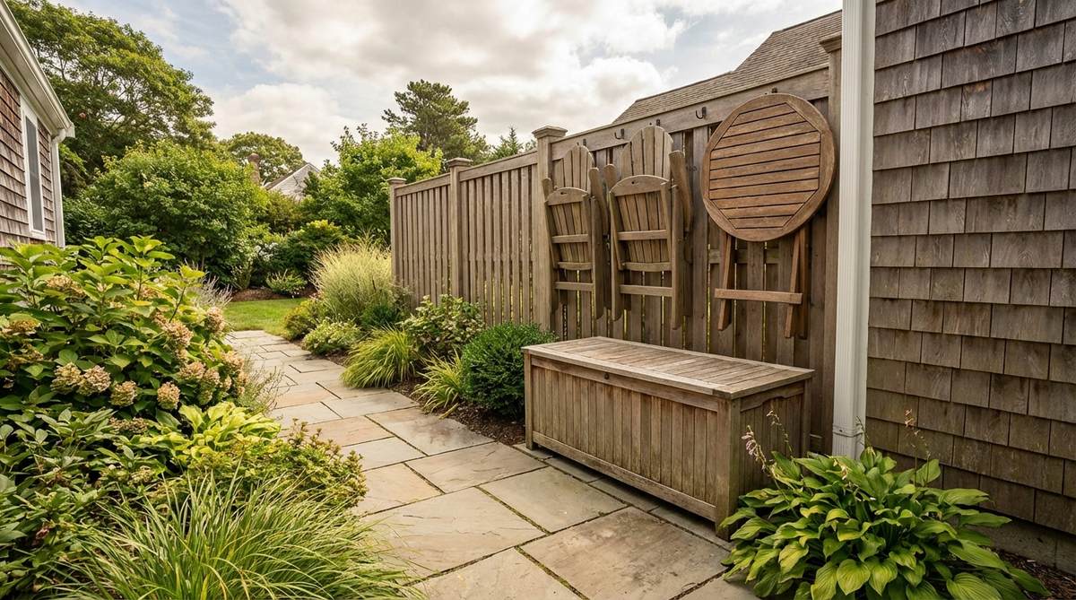 A flexible and space-saving arrangement of 4-6 stackable stools in a cozy garden setting, ideal for creating conversation clusters around a fire pit or easily repositioned for gatherings.