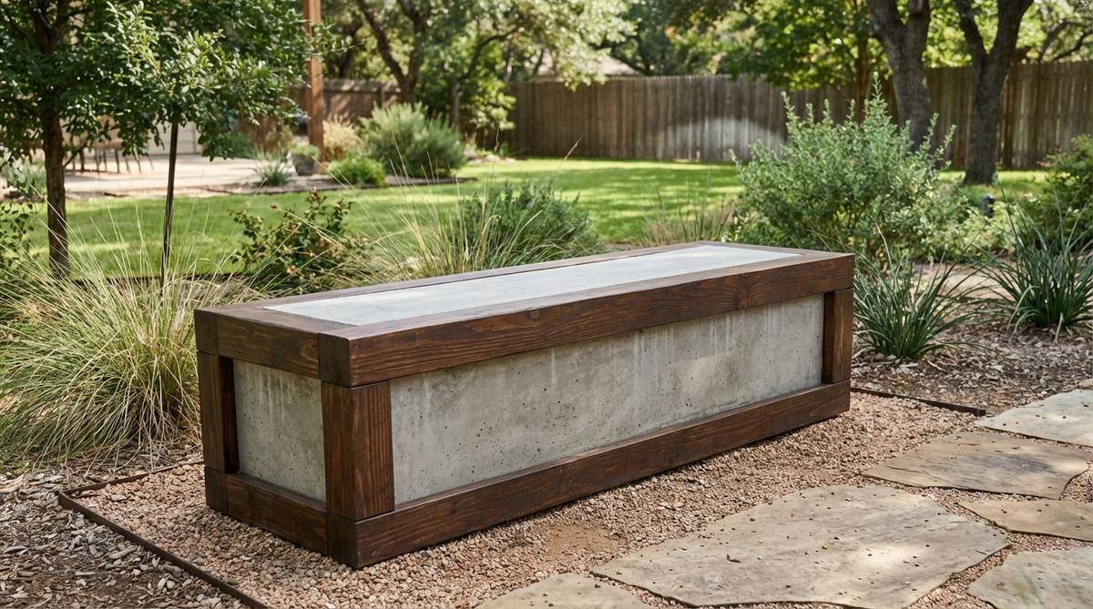 A modern garden bench featuring a stacked wood frame concrete pour, where a simple rectangular box made from 2x10 lumber serves as permanent formwork for poured concrete. The exposed lumber edges elegantly frame the concrete faces, creating a hybrid design that showcases both materials equally. The wood frame is stained for contrast against the natural concrete, with hidden fasteners and plastic sheeting to prevent bonding, ideal for outdoor settings.