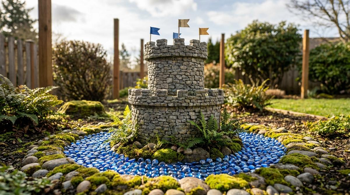 A detailed miniature stone castle tower for fairy gardens, featuring cylindrical stone-textured walls, battlements with miniature flags, and a blue glass gem moat. Perfect for creating medieval or fantasy-themed miniature garden displays with vertical emphasis.