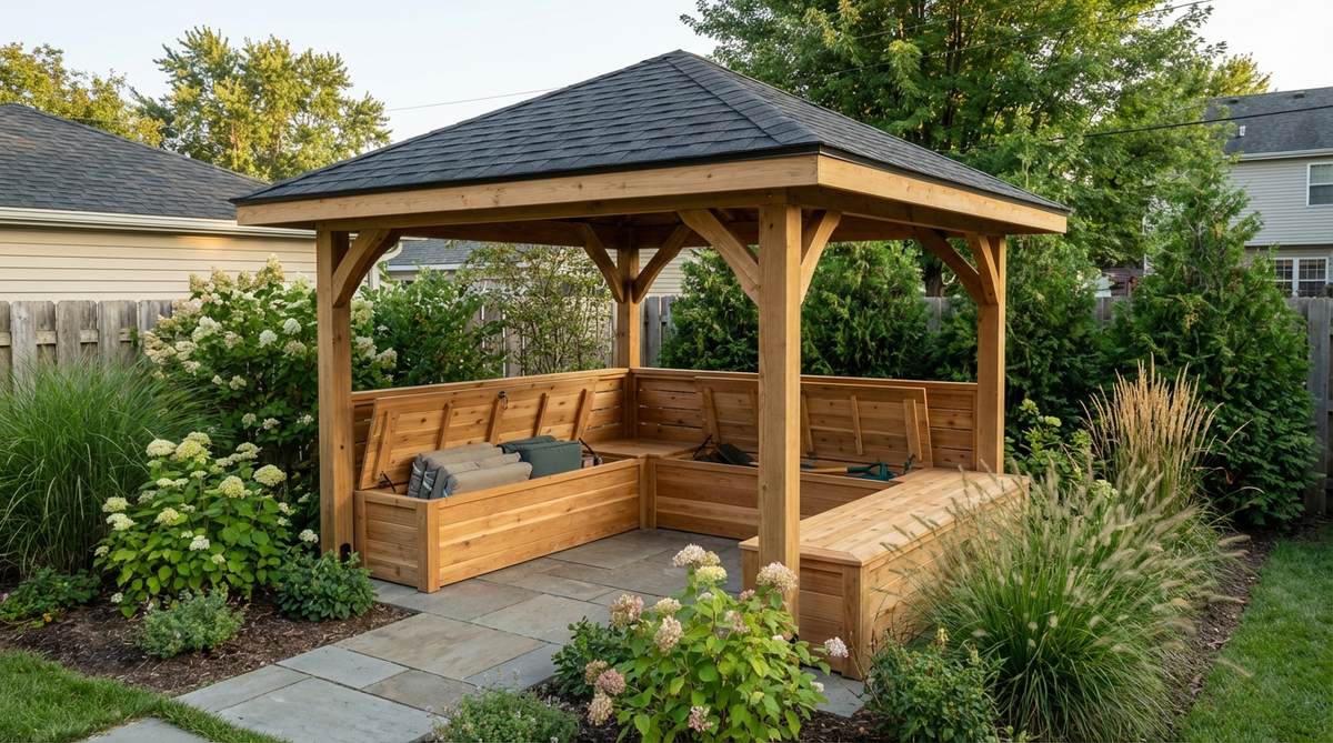 An open-sided gazebo with built-in storage benches in a small garden setting, featuring waterproof compartments for cushions and garden supplies under lockable lids, providing seating, storage, and shelter in an 8x8 foot structure with rain and sun protection.
